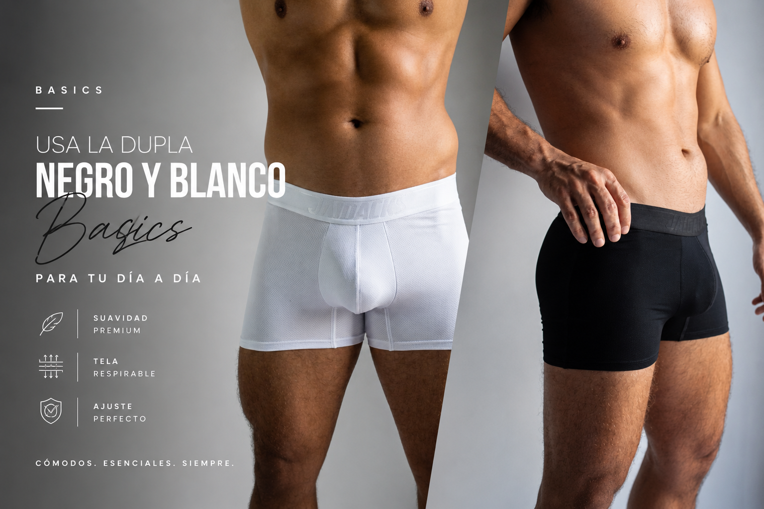Banner Jaidacks Essentials: bóxers negro y blanco, la dupla para tu día a día