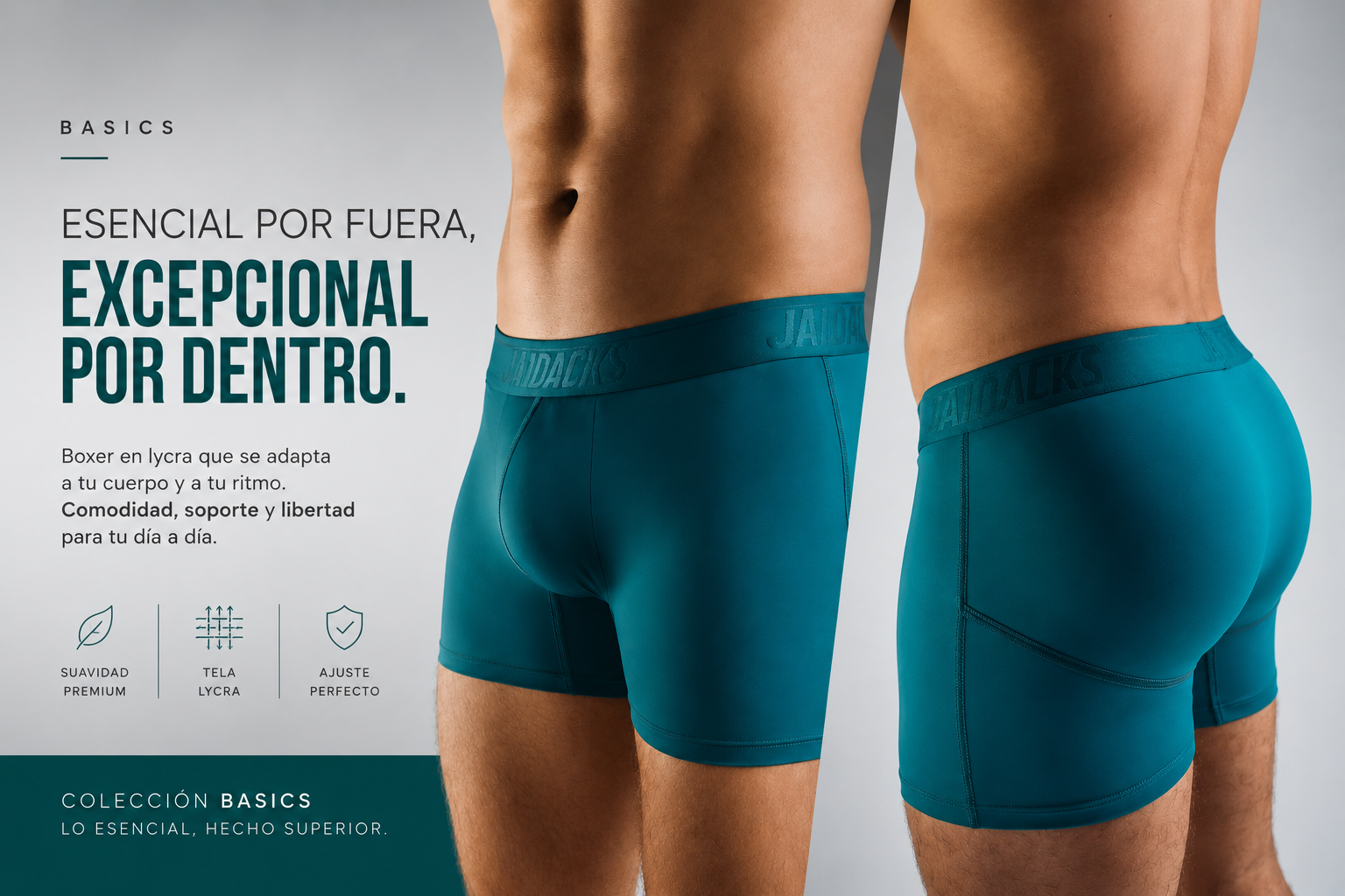 Banner Jaidacks Essentials: bóxer verde esmeralda de licra, excepcional por dentro